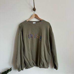 90s Oracoke Island olive green crewneck with colorful embroidered graphic- L 🌼